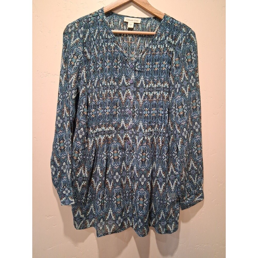 Coldwater Creek Tunic Womens Sz S Teal Paisley Relaxed Pin Tuck Pleats Button Up